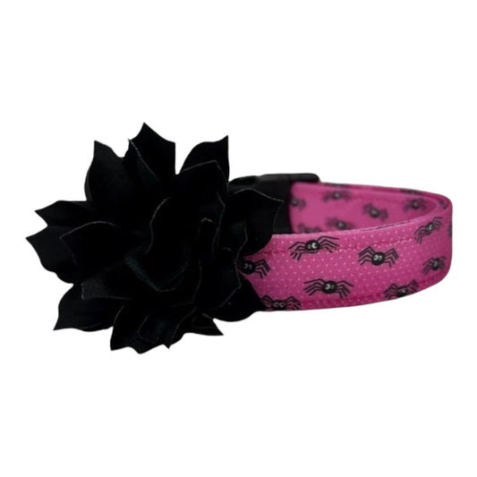 Pink Spider Halloween Dog Collar with Black Flower
