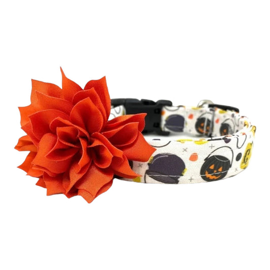 Halloween dog collar with an orange dog collar embellishment attached by elastic loop.
