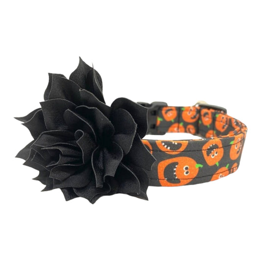 Halloween Dog Collar, Jack O Lantern Dog Collar with Black Flower, Pumpkin Dog Collar, Jack O Lantern Dog Collar, Pumpkins