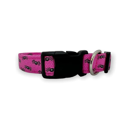Pink Spider Halloween Dog Collar with Black Flower