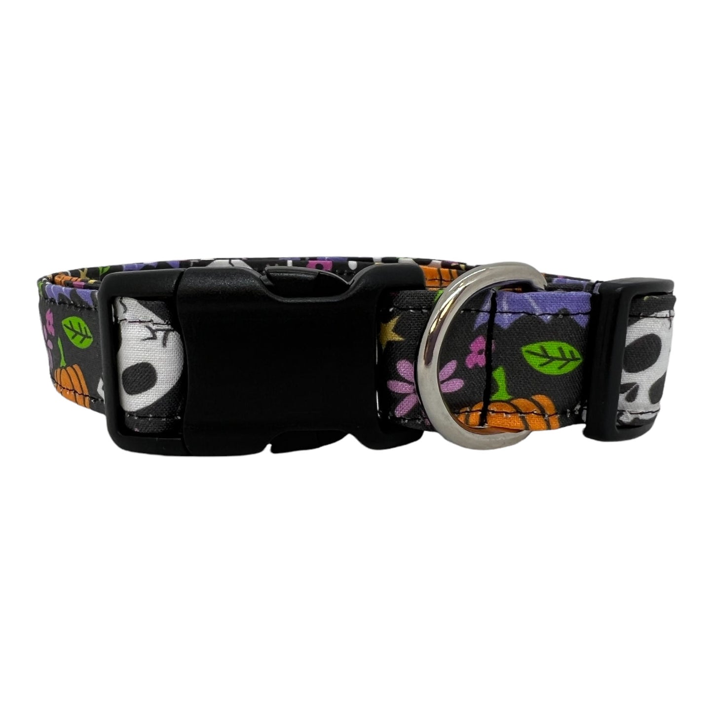 Halloween dog collar with skulls, bats, and pumpkins