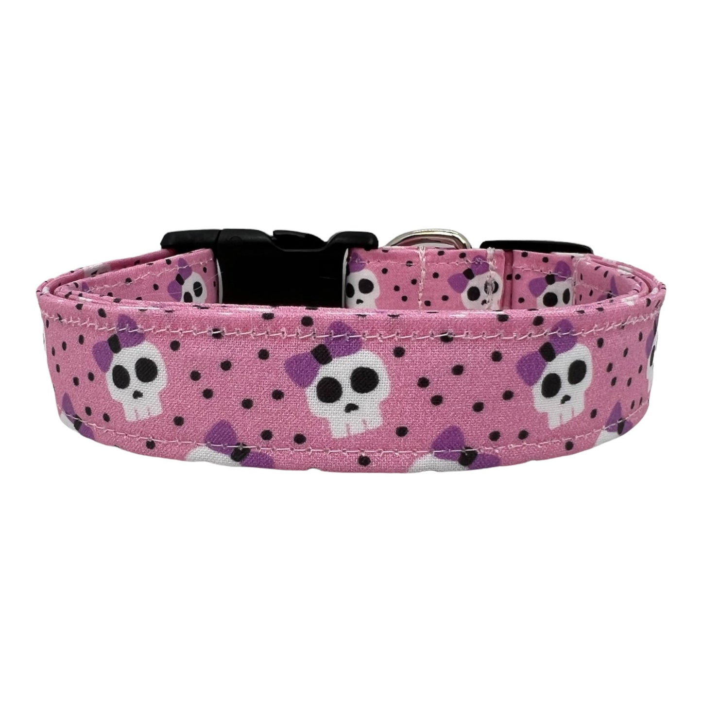 Pink dog collar with lavender bow skulls 
