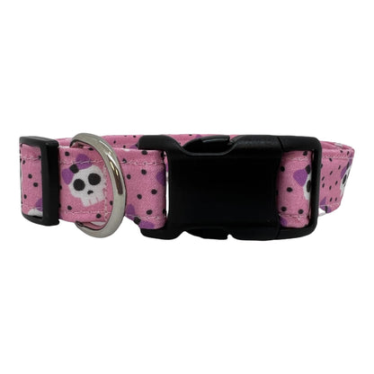 Pink dog collar with lavender bow skulls and polka dots