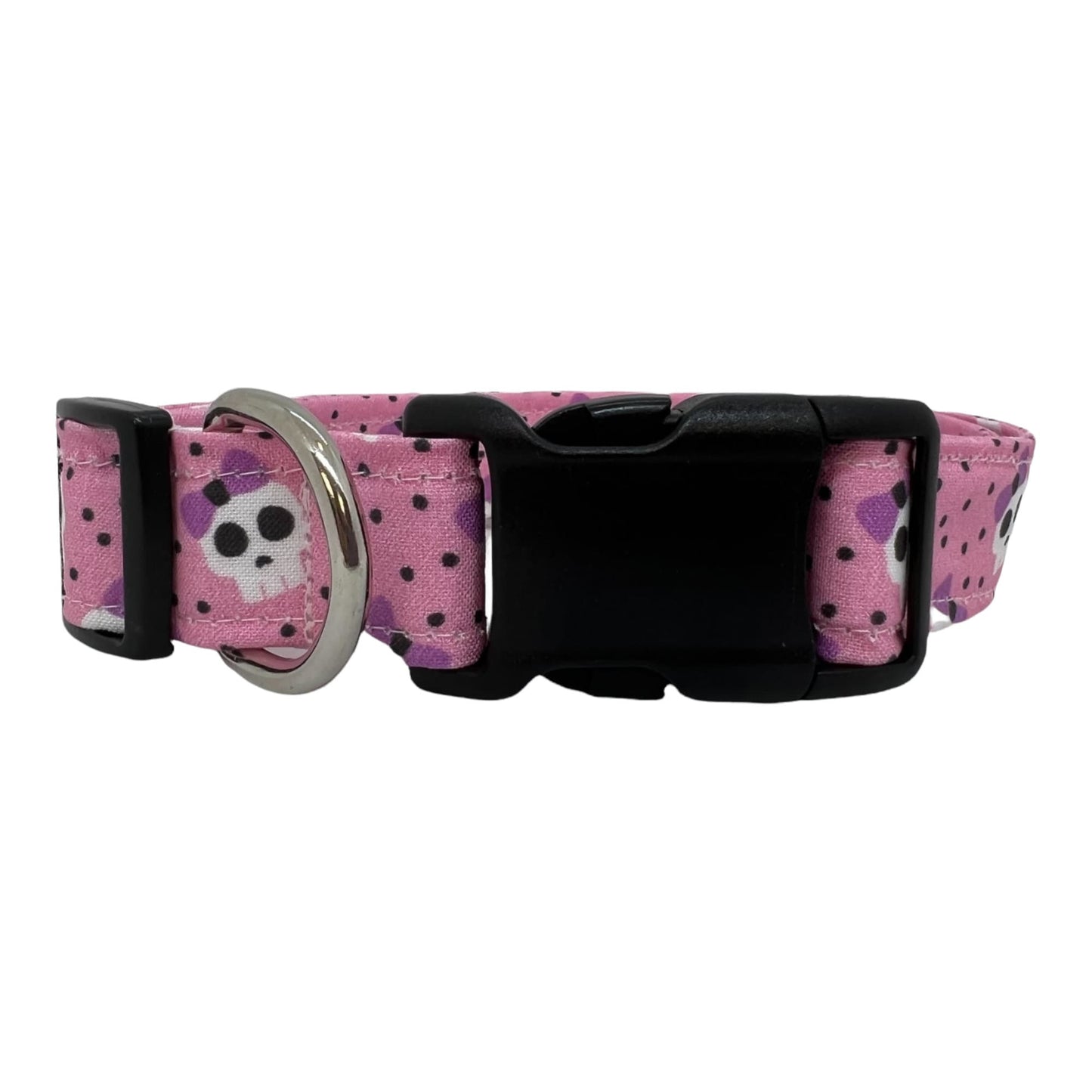 Pink dog collar with lavender bow skulls 