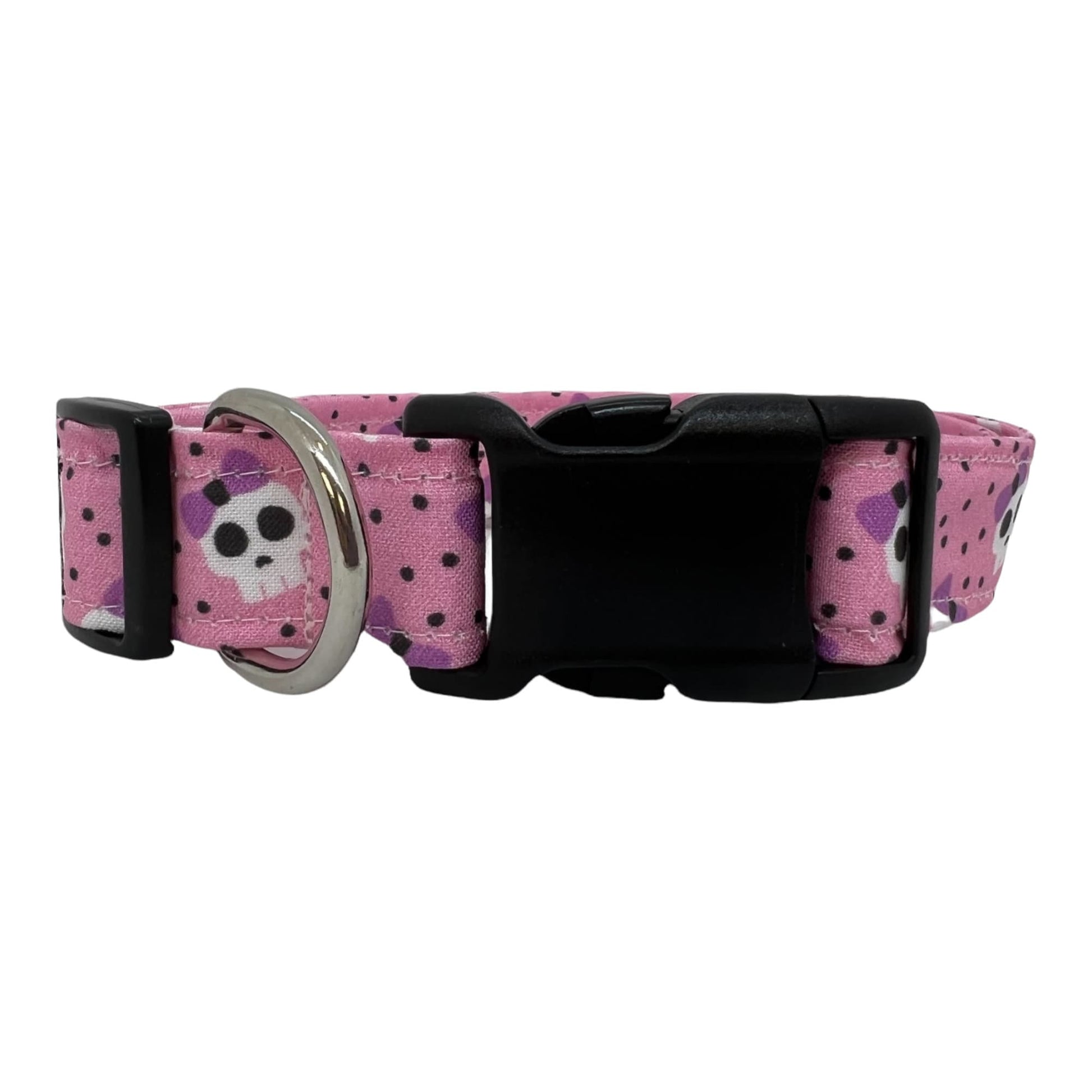 Pink dog collar with lavender bow skulls 