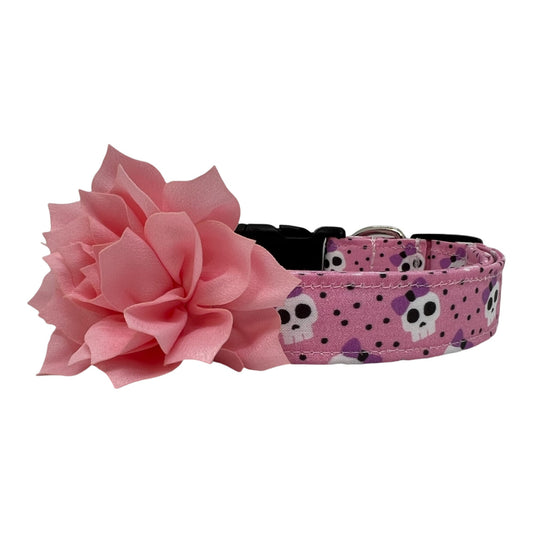 Halloween Skull Bow Dog Collar with Light Pink Collar Flower