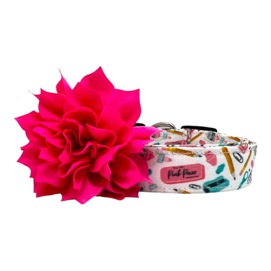 Back To School Essential School Supplies Dog Collar with 3" Hot Pink Flower Embellishment