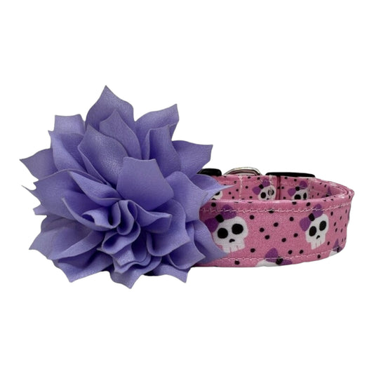 Halloween Skull Bow Dog Collar with Light Lavender Collar Flower