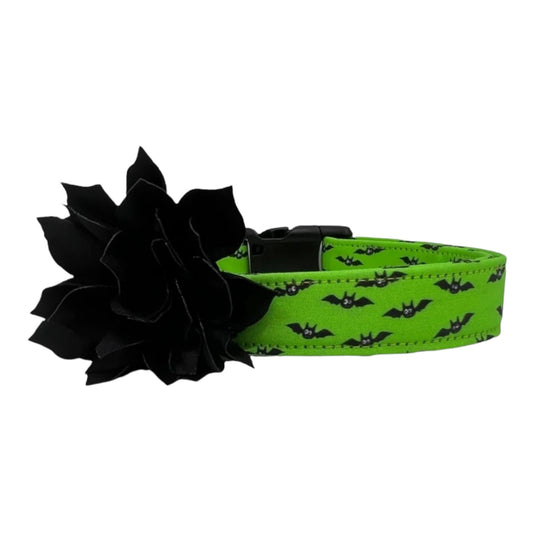 Bright Green Halloween Dog Collar with Black Dog Collar Flower