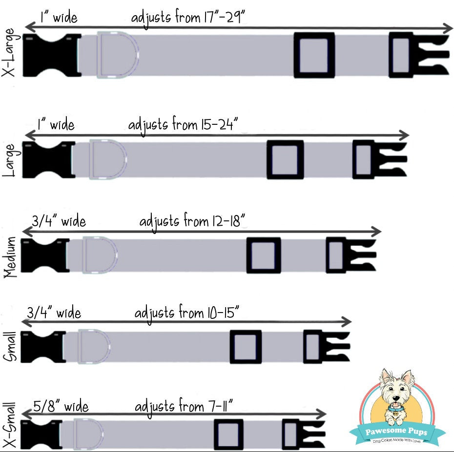 Measurement chart for dog collars with size labels and measurement ranges.