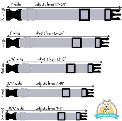 Measurement chart for dog collars with size labels and measurement ranges.