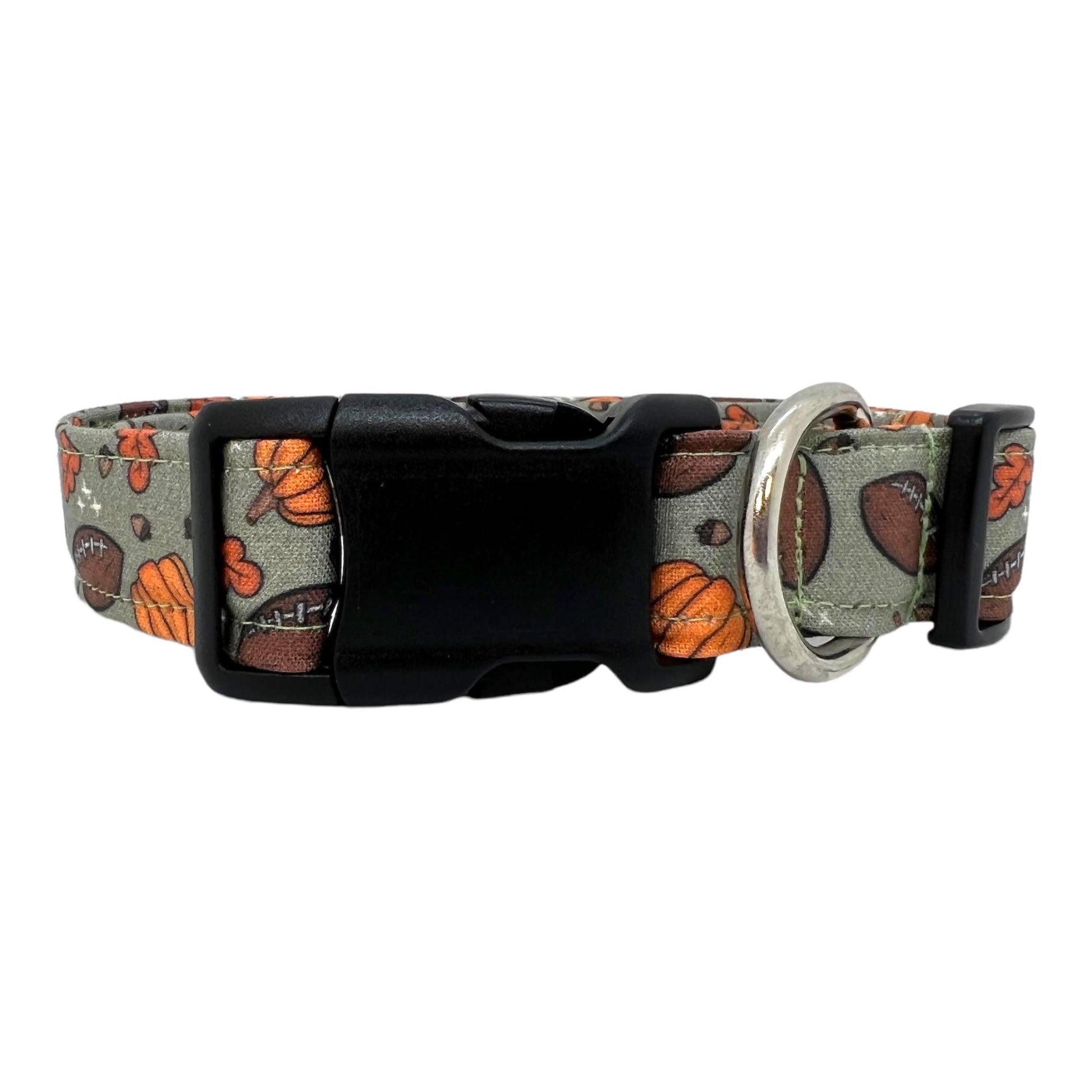 Sage green dog collar with footballs, pumpkins, and autumn leaves – festive fall pet accessory for game days, pumpkin patches, and Thanksgiving walks.