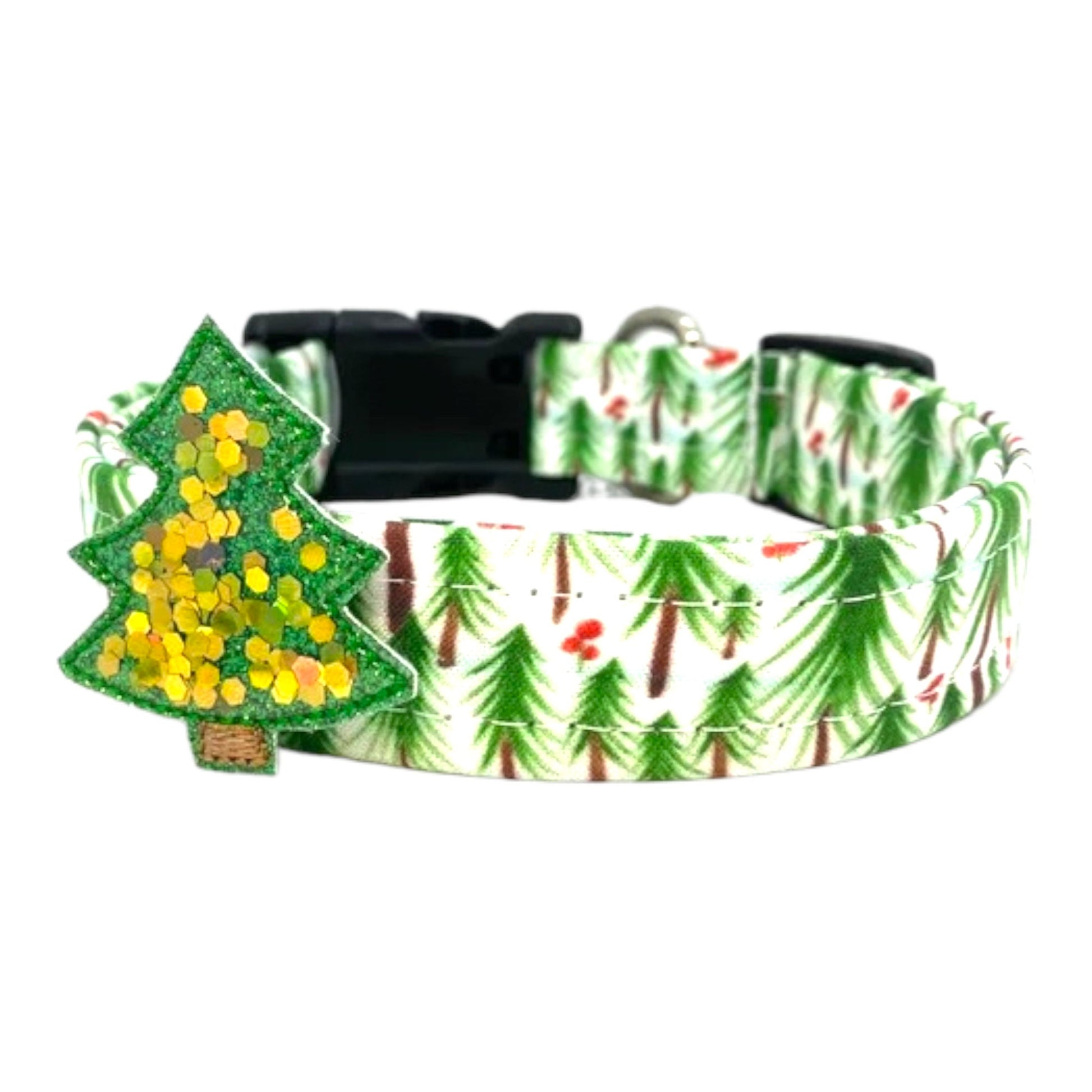 Green and red Christmas tree patterned fabric dog collar with detachable shaker tree charm attached.
