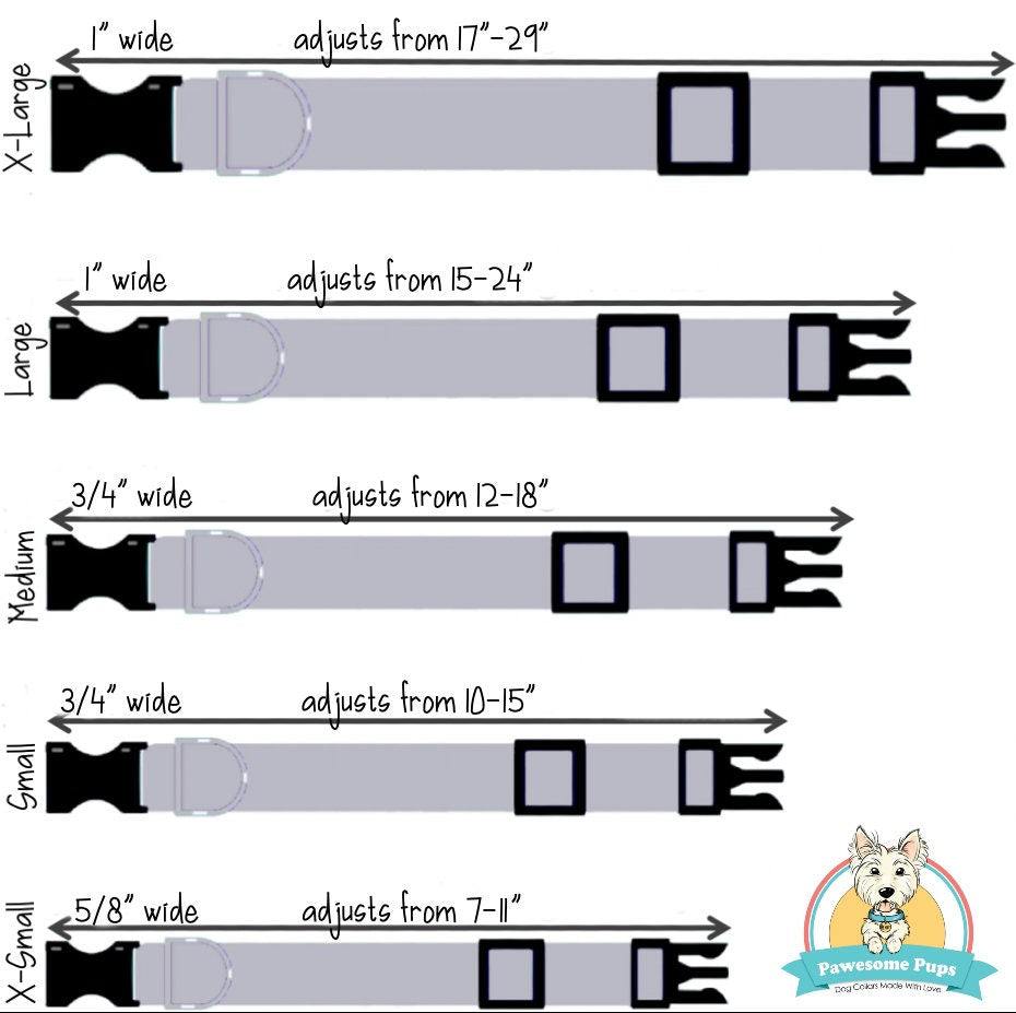 Size chart for Easter dog collar with embellishment, adjustable widths from X-Small to X-Large.
