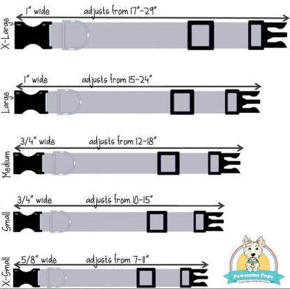 Size chart for Easter dog collar with embellishment, adjustable widths from X-Small to X-Large.