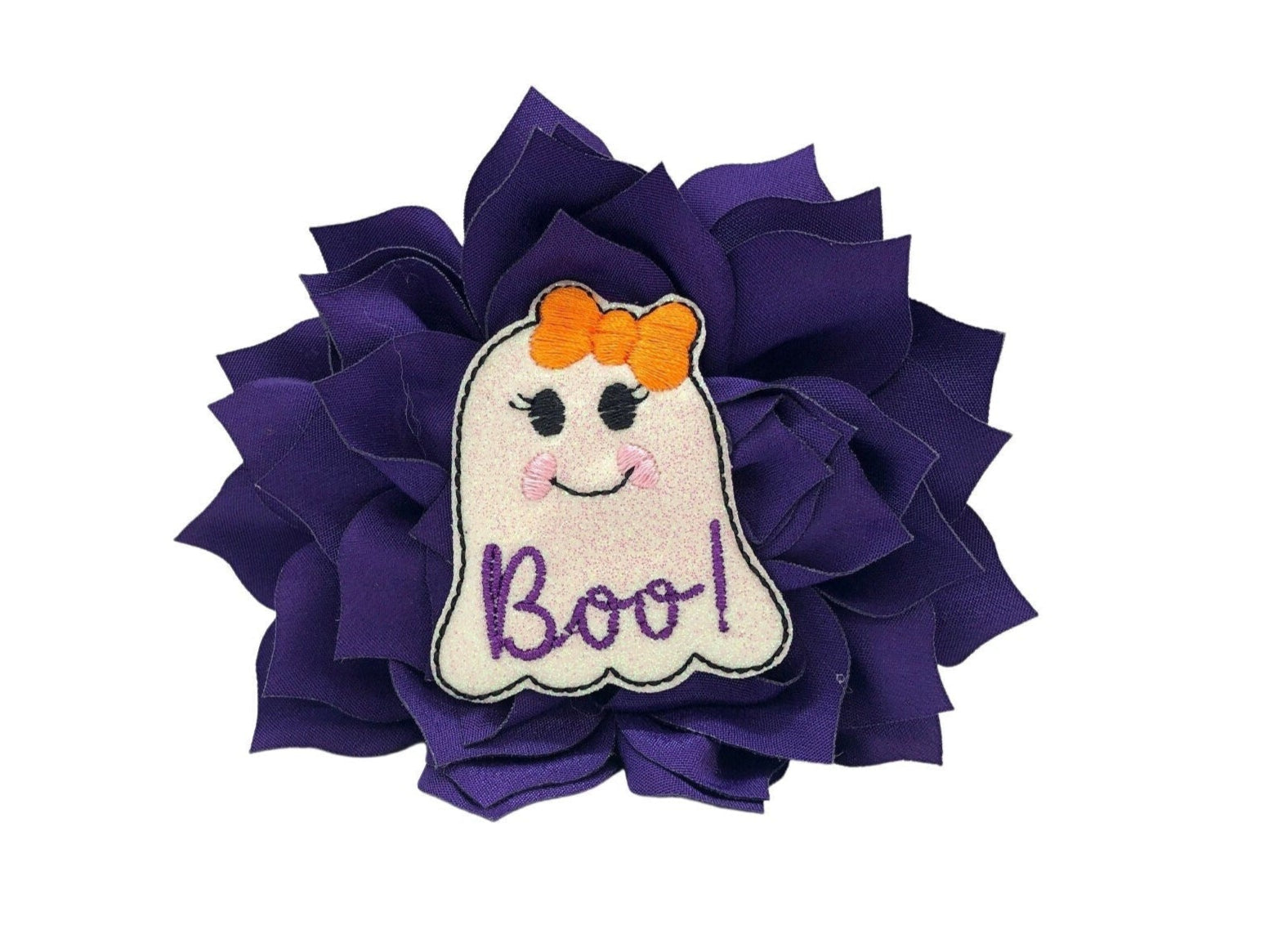 Purple dog collar flower with a ghost charm and 'Boo!' text on a white background