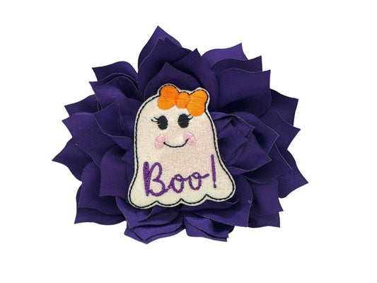 Purple dog collar flower with a ghost charm and 'Boo!' text on a white background
