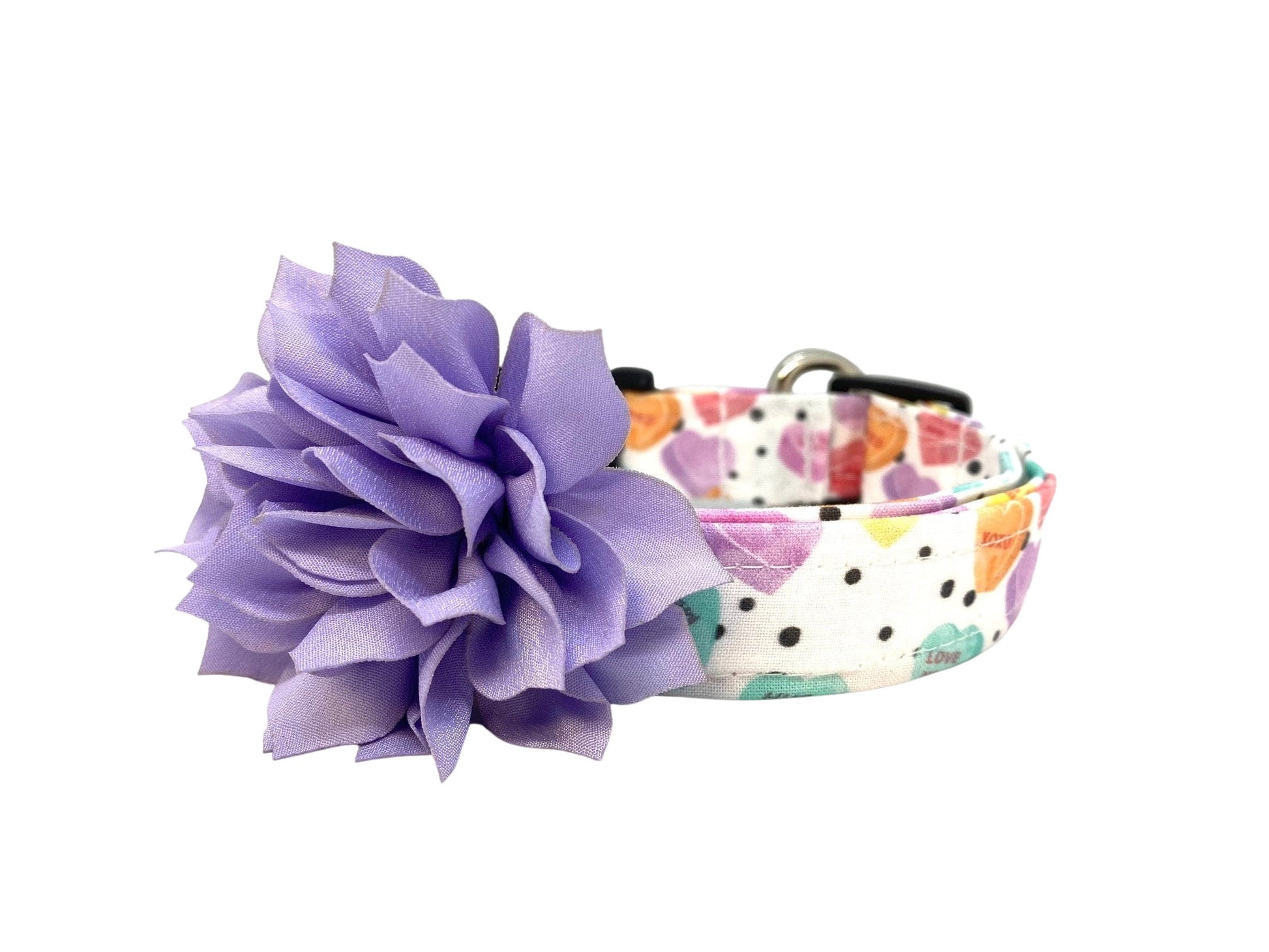 White Valentine’s Day dog collar with black polka dots, colorful conversation heart candy design, and light lavender removable dog collar flower