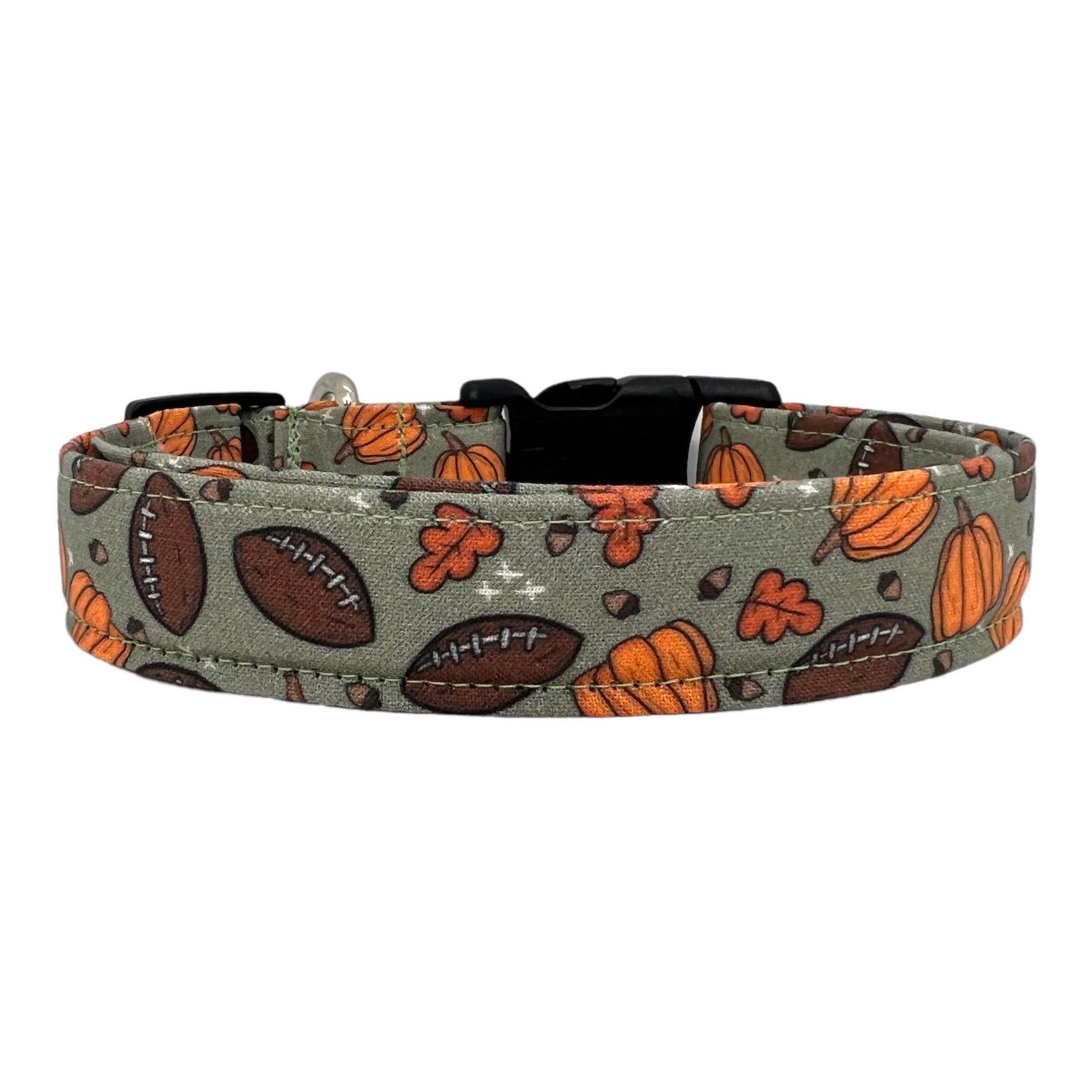 Sage green dog collar with footballs, pumpkins, and autumn leaves – festive fall pet accessory for game days, pumpkin patches, and Thanksgiving walks.