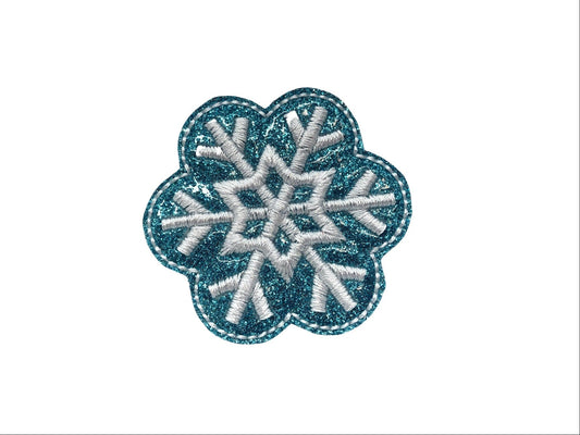 Shimmery blue snowflake dog collar embellishment with elastic loop attachment for easy on and off styling.