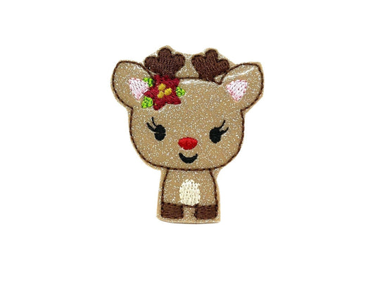 Shimmery embroidered reindeer dog collar embellishment with red nose and floral accent, featuring an elastic loop on the back for easy attachment