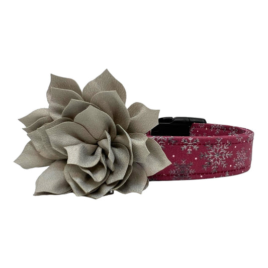 Winter & Christmas Snowflake Dog Collar with Gray Dog Collar Flower Embellishment