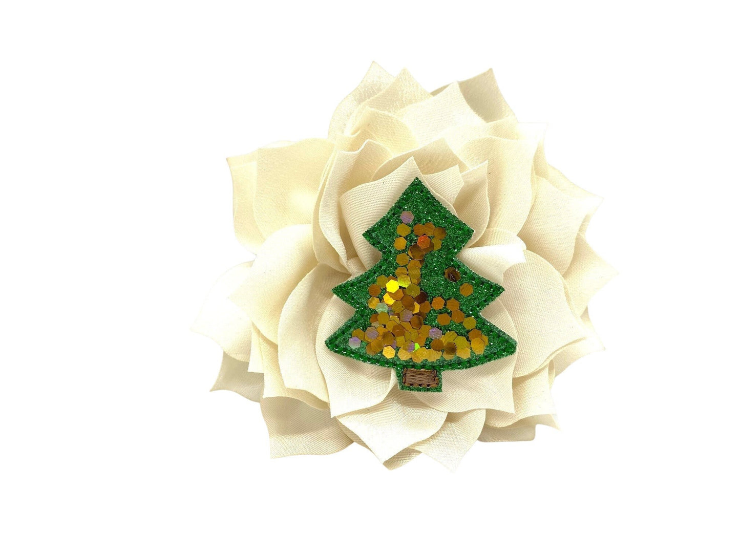 Christmas tree embellished dog collar flower in festive green with glittery holiday detailing, handmade with layered petals and elastic loop attachment.