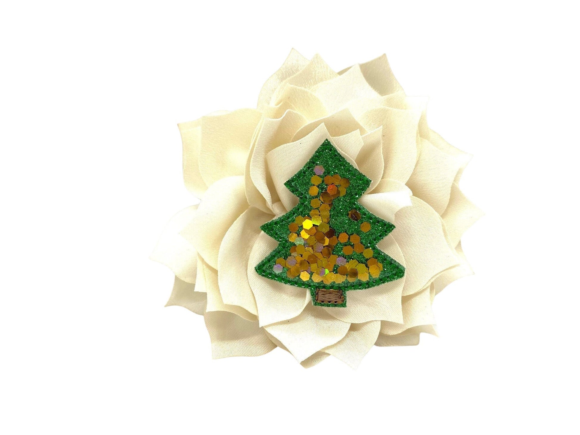 Christmas tree embellished dog collar flower in festive green with glittery holiday detailing, handmade with layered petals and elastic loop attachment.