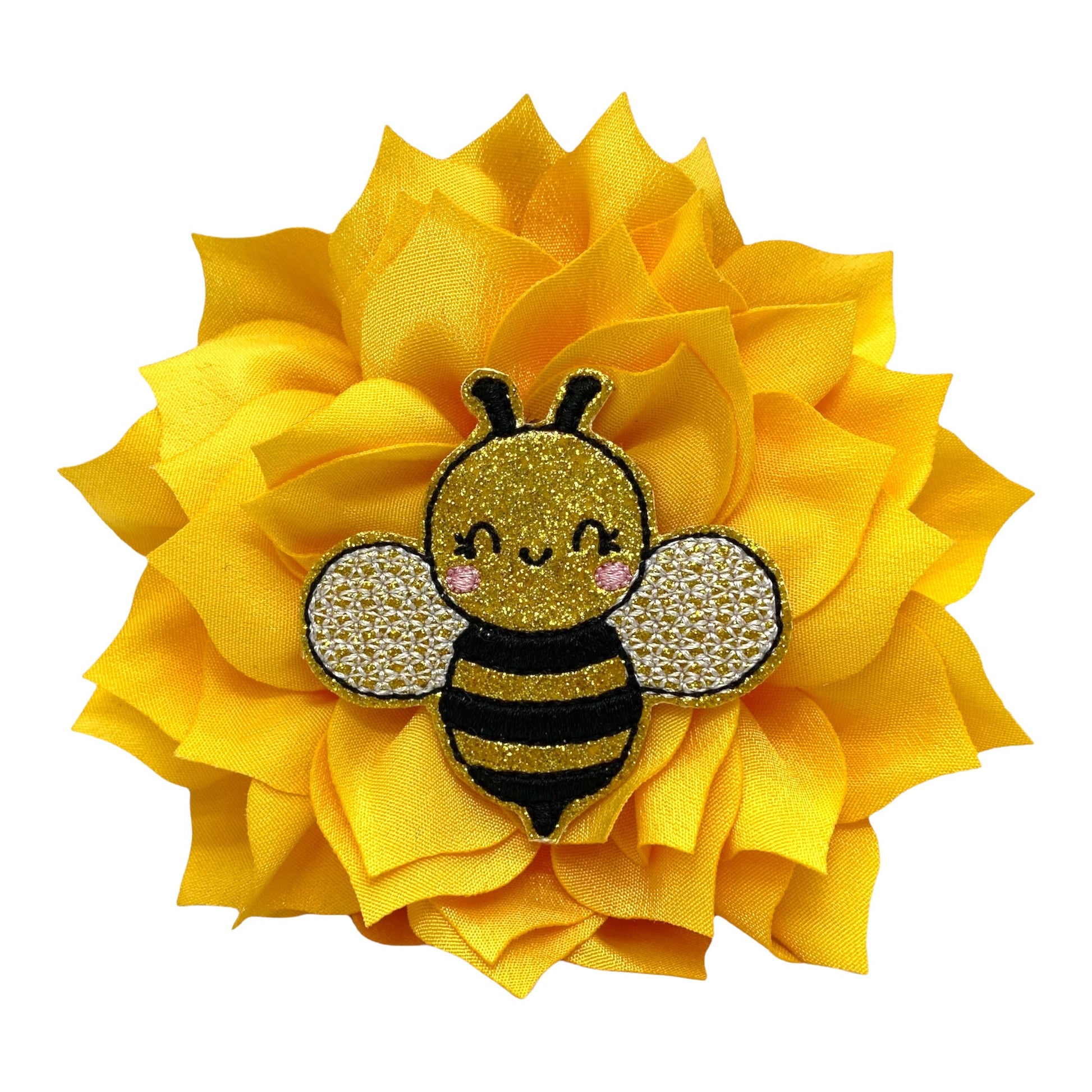 Golden yellow dog collar flower with sparkly bumble bee embellishment, shown in 4-inch size with layered petals and elastic loop attachment.