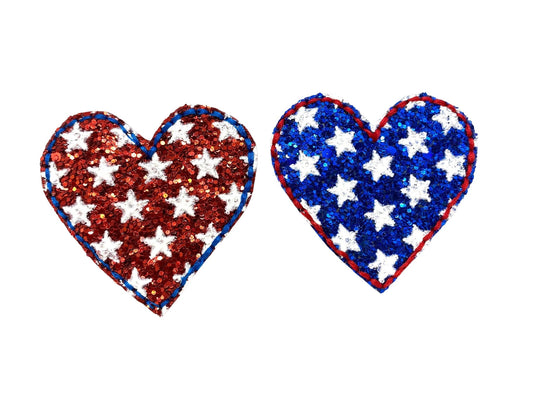 Red and blue glitter heart dog collar embellishment with white stars and an elastic loop for easy attachment.