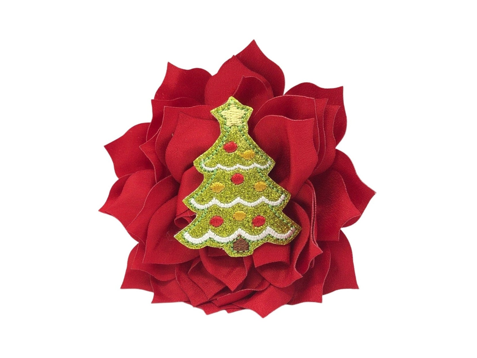 Red dog collar flower with a sparkly Christmas tree embellishment, shown in a 4-inch size. The festive accessory features layered petals and an elastic loop for easy attachment to your dog’s collar.