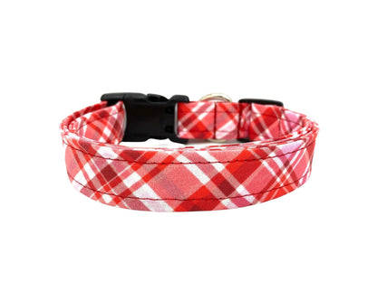Red and white plaid dog collar on a white background