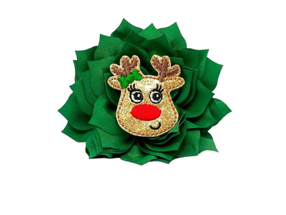 Emerald green dog collar flower with layered petals and a sparkly reindeer embellishment in the center, shown in a 4-inch size with an elastic loop for easy attachment.