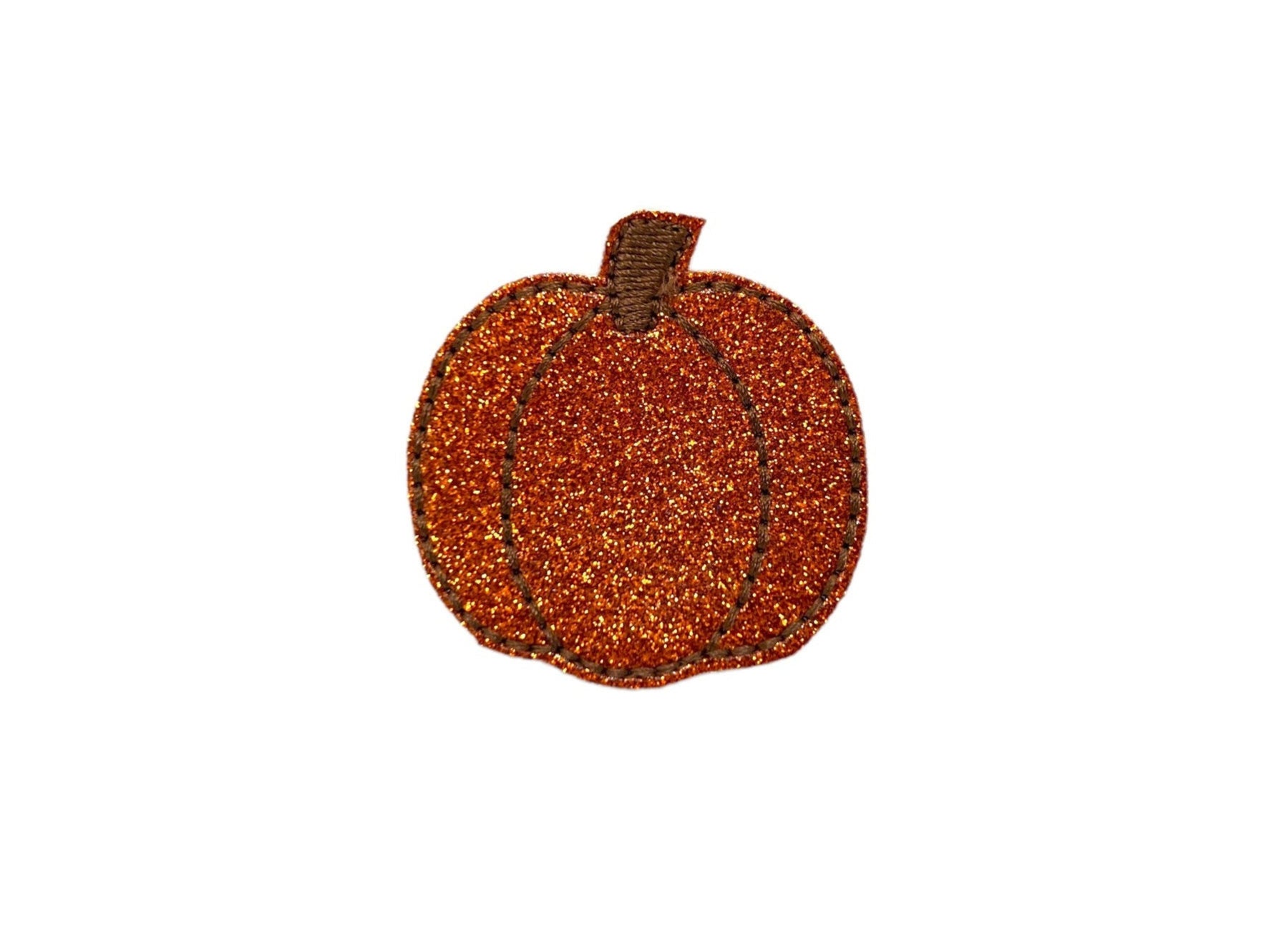 Sparkly orange glitter pumpkin dog collar embellishment with elastic loop for easy on and off—ideal for fall and Halloween dog accessories.