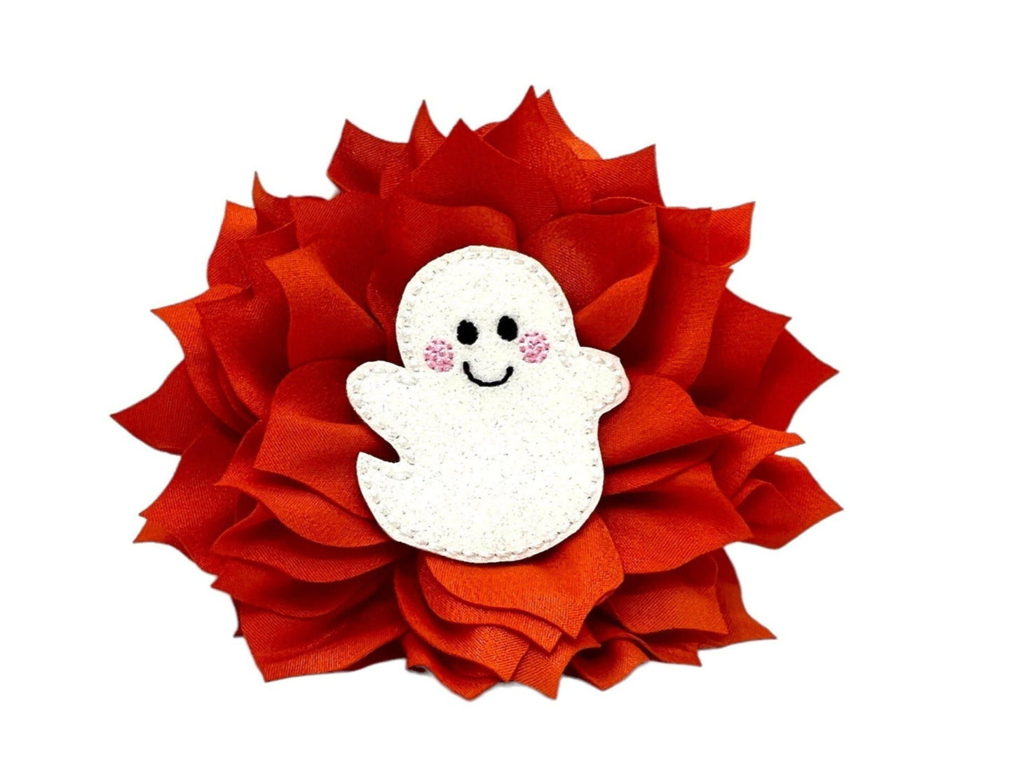 Orange dog collar flower with a shimmery white ghost character on a white background