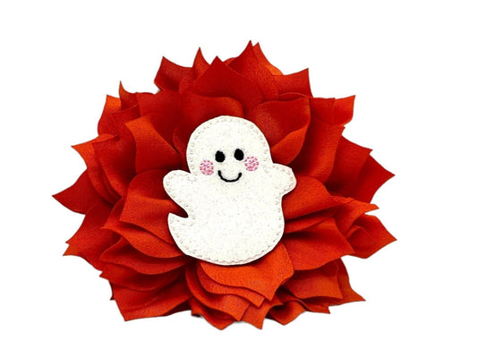Orange dog collar flower with a shimmery white ghost character on a white background
