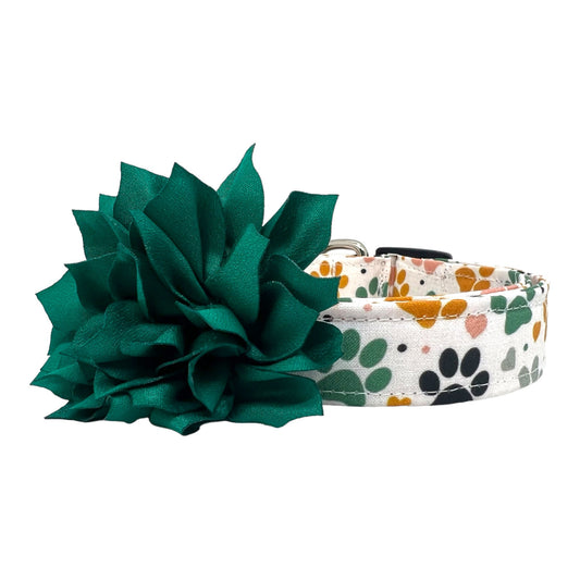 Paw Print Dog Collar with Jade Dog Collar Flower