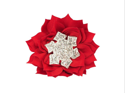 Chunky silver glitter snowflake embellishment attached to a red fluffy dog collar flower.