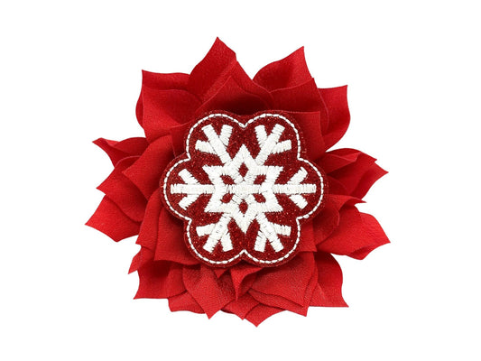 Shimmery red snowflake dog collar flower attached to a dog collar, sparkly winter pet accessory for Christmas and holiday wear.