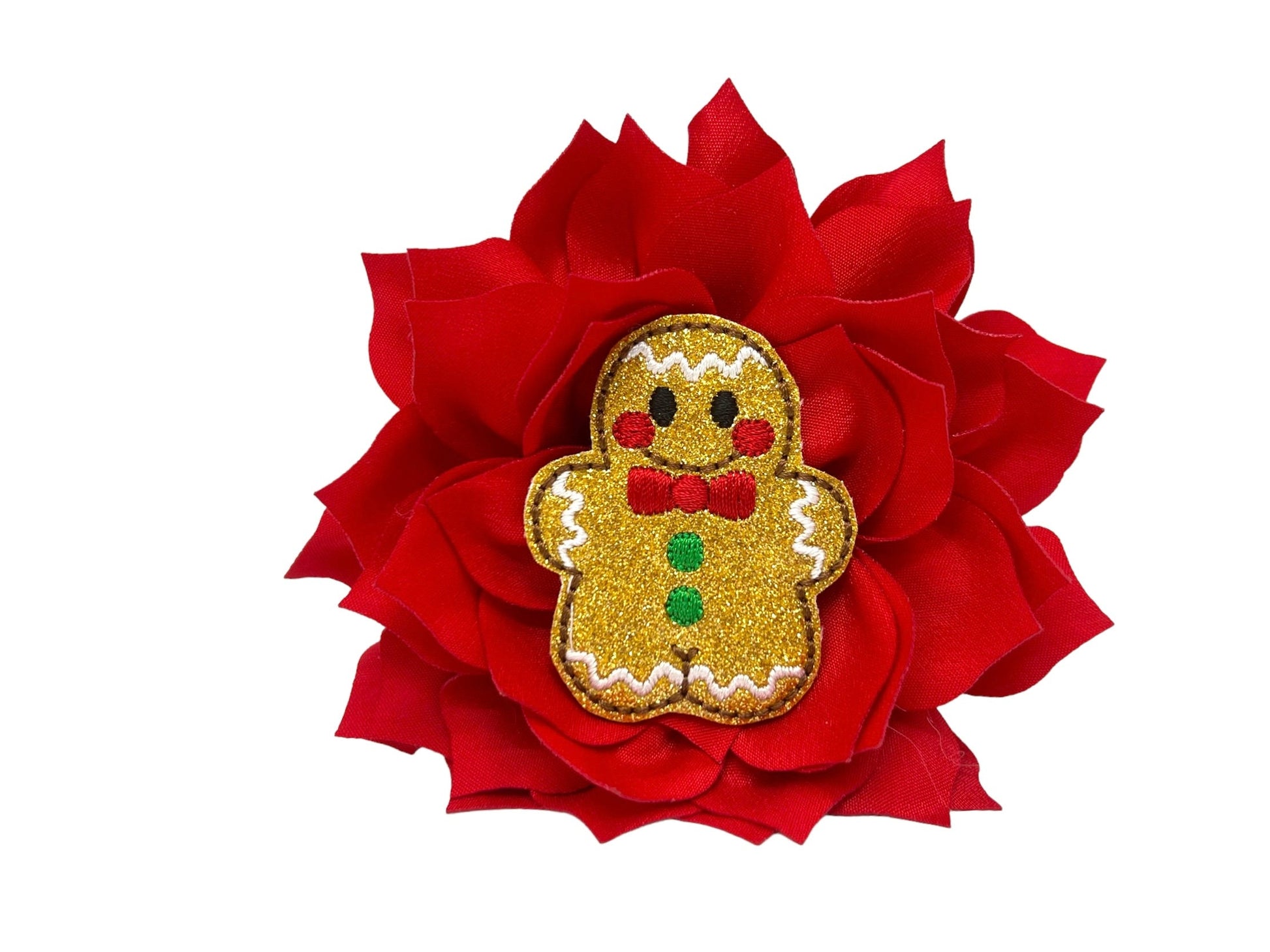 Red dog collar flower with layered petals and a sparkly gingerbread man embellishment in the center, shown in a 4-inch size with an elastic loop for easy attachment.