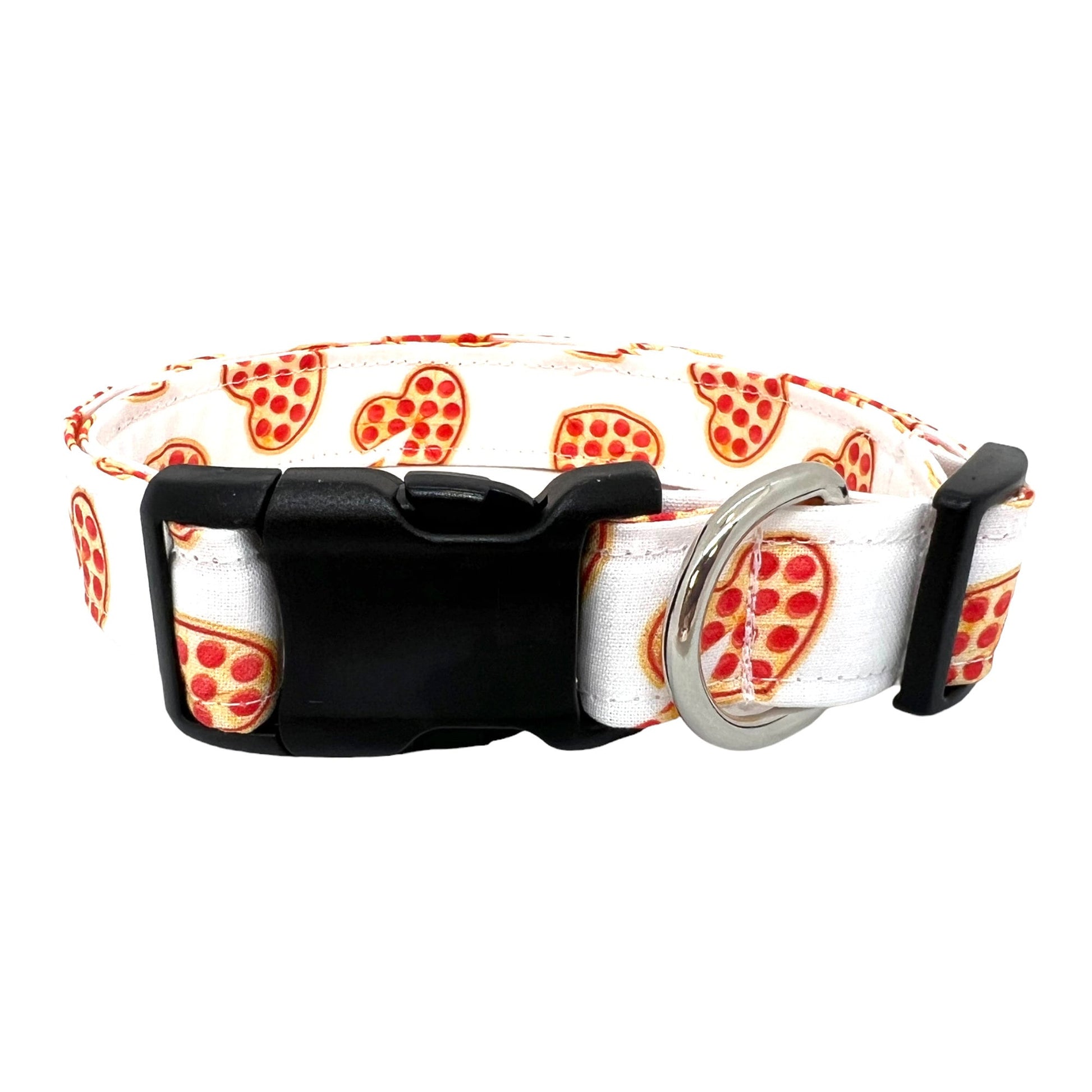 Valentine’s Day dog collar with heart-shaped pepperoni pizza pattern on white fabric