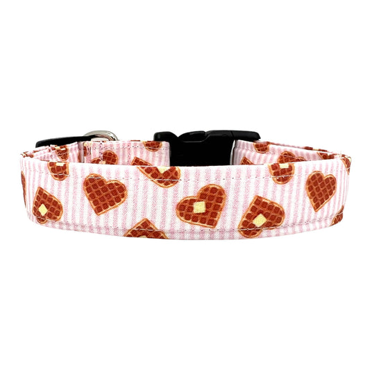 Valentine’s Day dog collar with brown waffle heart pattern on pink and white striped fabric