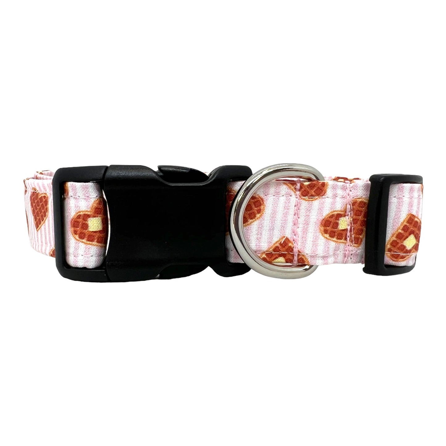 Valentine’s Day dog collar with brown waffle heart pattern on pink and white striped fabric