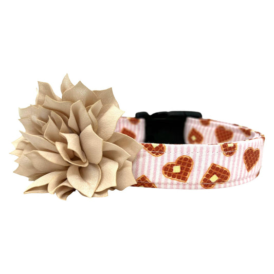 Valentine’s Day dog collar with waffle heart pattern on pink and white striped fabric with removable dog collar flower embellishment.