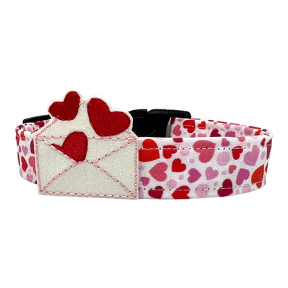 Valentine’s Day dog collar featuring red and pink hearts in various sizes, heart-themed pet collar shown flat with removable heart envelope embellishment.