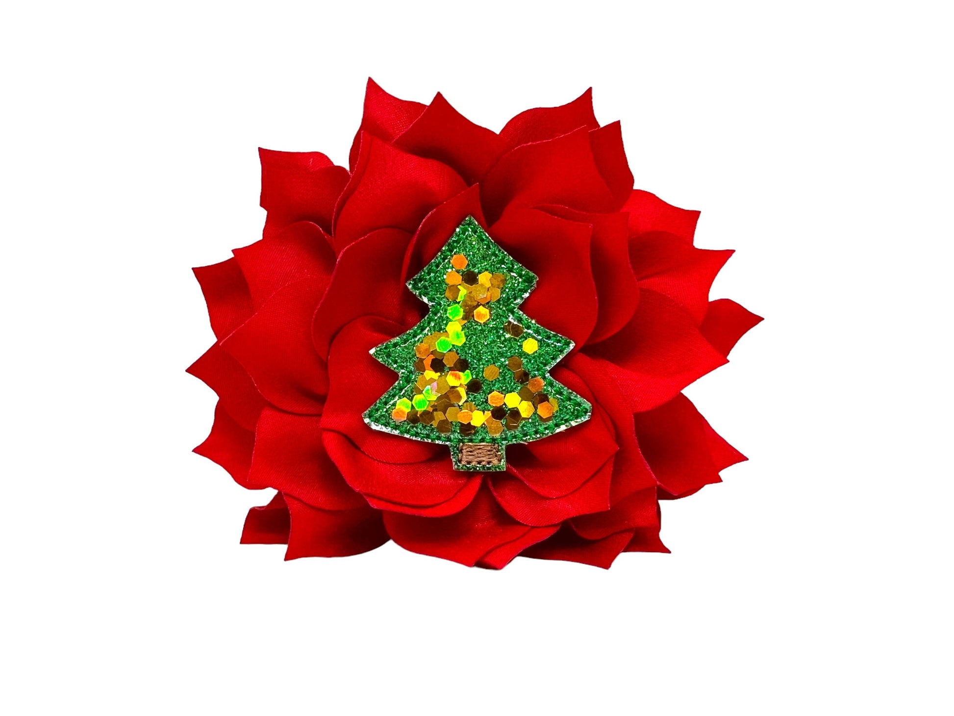 Christmas tree embellished dog collar flower in festive green and red with glittery holiday detailing, handmade with layered petals and elastic loop attachment.