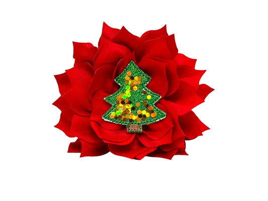 Christmas tree embellished dog collar flower in festive green and red with glittery holiday detailing, handmade with layered petals and elastic loop attachment.