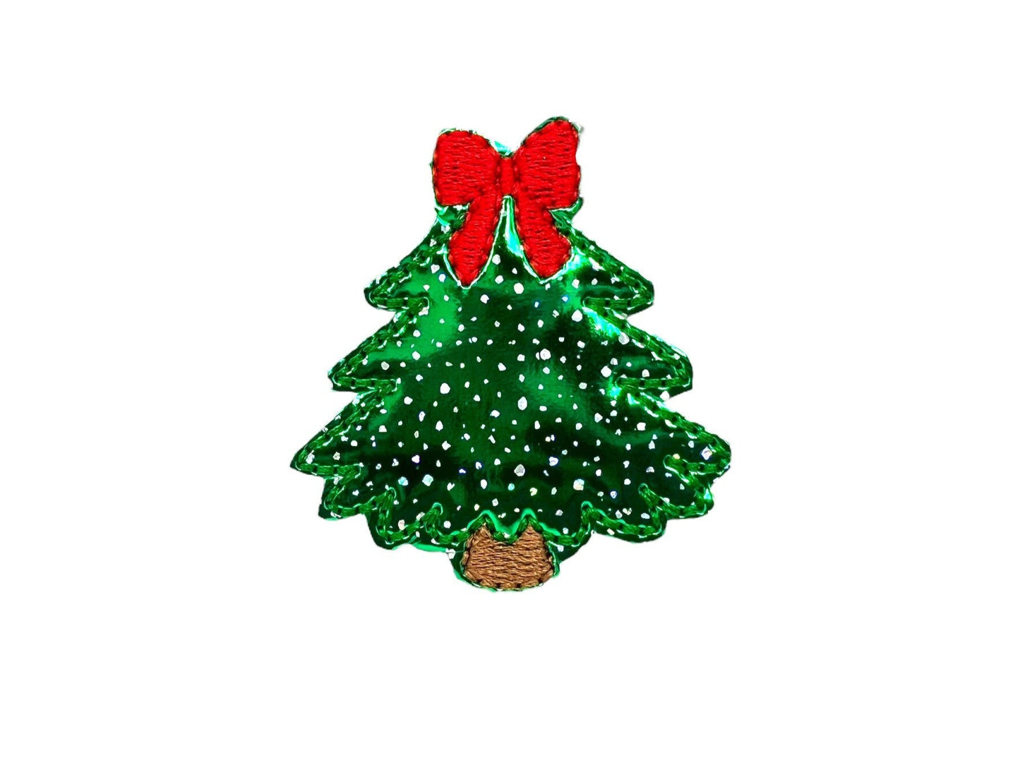 Christmas tree dog collar embellishment with green and red holiday design, elastic loop attachment, and festive sparkle for holiday dog collars.