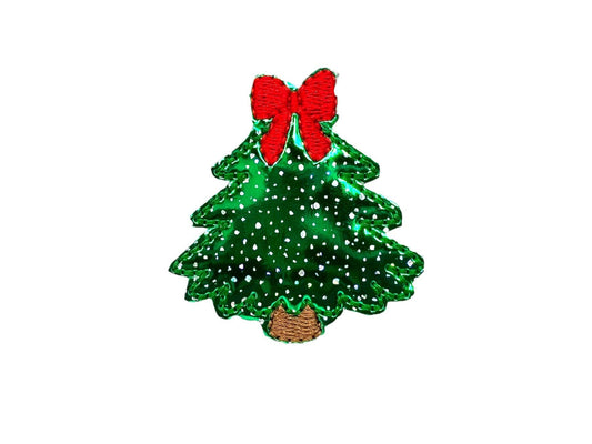 Christmas tree dog collar embellishment with green and red holiday design, elastic loop attachment, and festive sparkle for holiday dog collars.