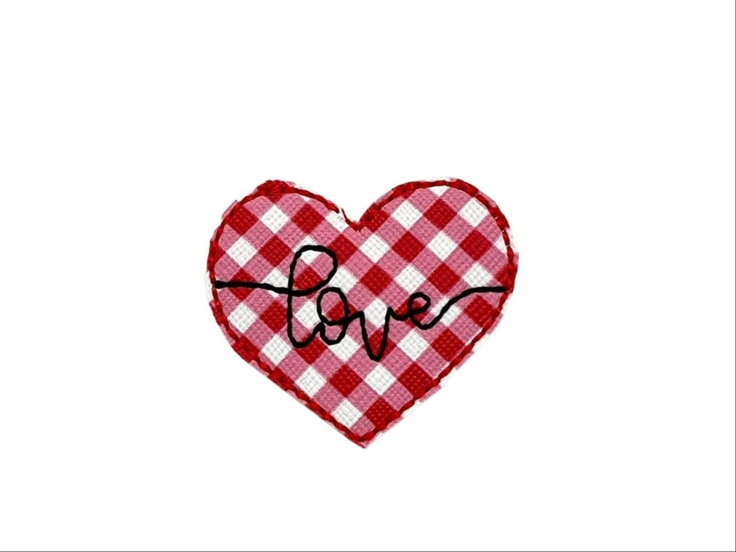 Red and white plaid heart dog collar embellishment with the word “love” in the center